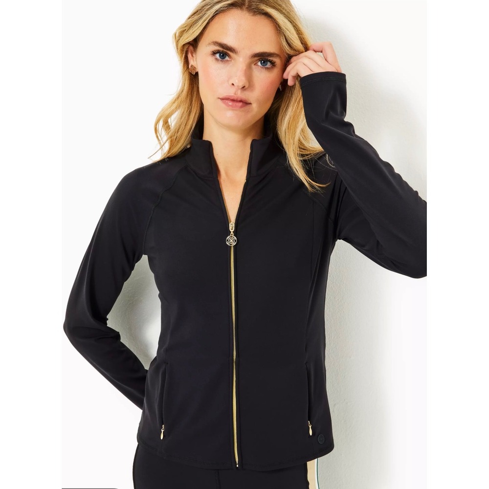 Lilly Pulitzer Luxletic Womens Large Black Full Zip Jacket Gold Hardware Onyx
